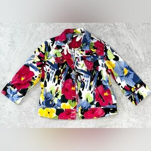 Chico’s Jacket Blazer Tropical Floral Print Button Front Size 2 (Large) EUC